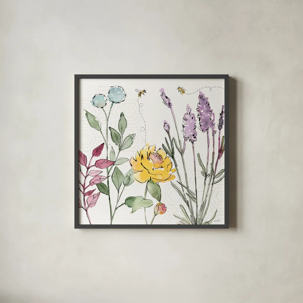 Honeybee Blossoms II by Anne Tavoletti. Shown in a sleek black glass frame for a contemporary gallery look. Available as an archival giclee rolled canvas, fine art paper, or poster print. SKU 72490a.