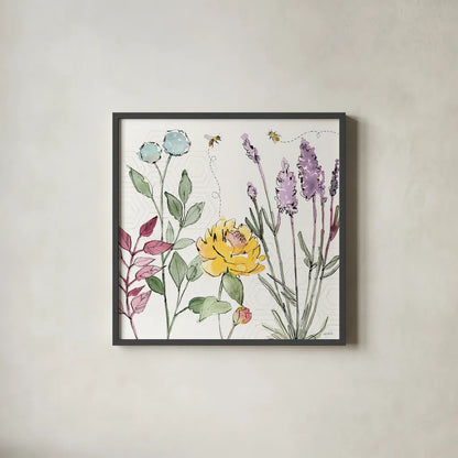 Honeybee Blossoms II by Anne Tavoletti. Shown in a sleek black glass frame for a contemporary gallery look. Available as an archival giclee rolled canvas, fine art paper, or poster print. SKU 72490a.