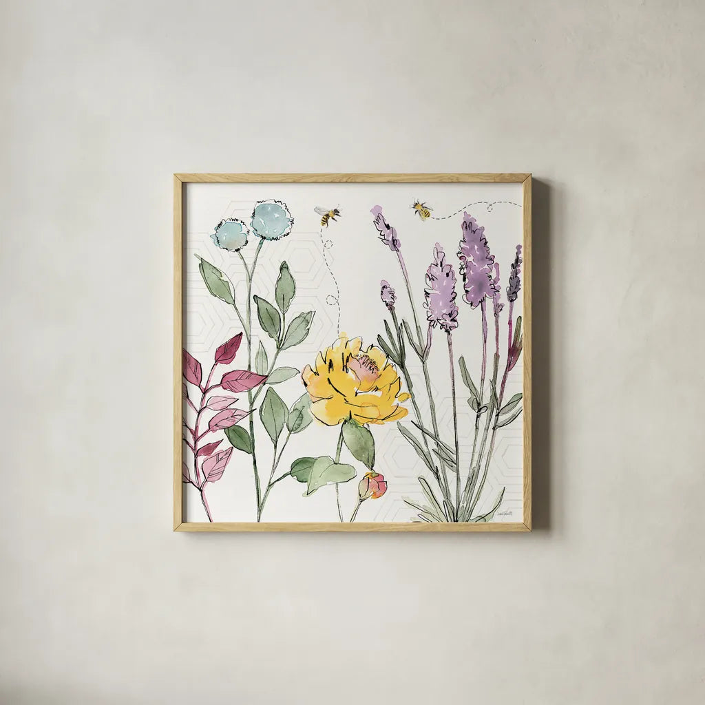 Honeybee Blossoms II by Anne Tavoletti. Shown in a natural wood glass frame for a timeless modern aesthetic. Available as an archival giclee rolled canvas, fine art paper, or poster print. SKU 72490a.