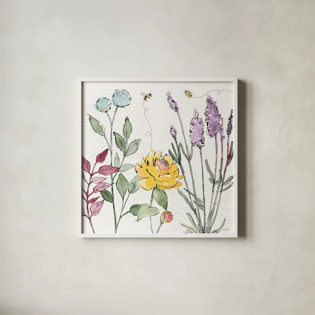 Honeybee Blossoms II by Anne Tavoletti. Shown in a crisp white glass frame for a clean and minimalist style. Available as an archival giclee rolled canvas, fine art paper, or poster print. SKU 72490a.