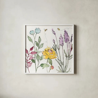 Honeybee Blossoms II by Anne Tavoletti. Shown in a crisp white glass frame for a clean and minimalist style. Available as an archival giclee rolled canvas, fine art paper, or poster print. SKU 72490a.