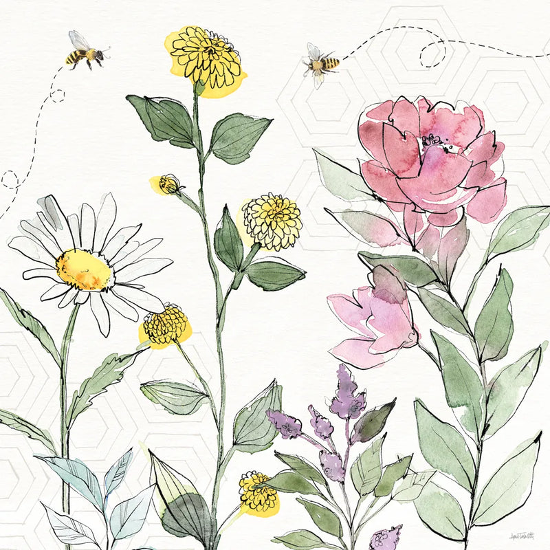 Honeybee Blossoms III by Anne Tavoletti. SKU 72491a. Archival Giclee Fine art print for wall decor.
