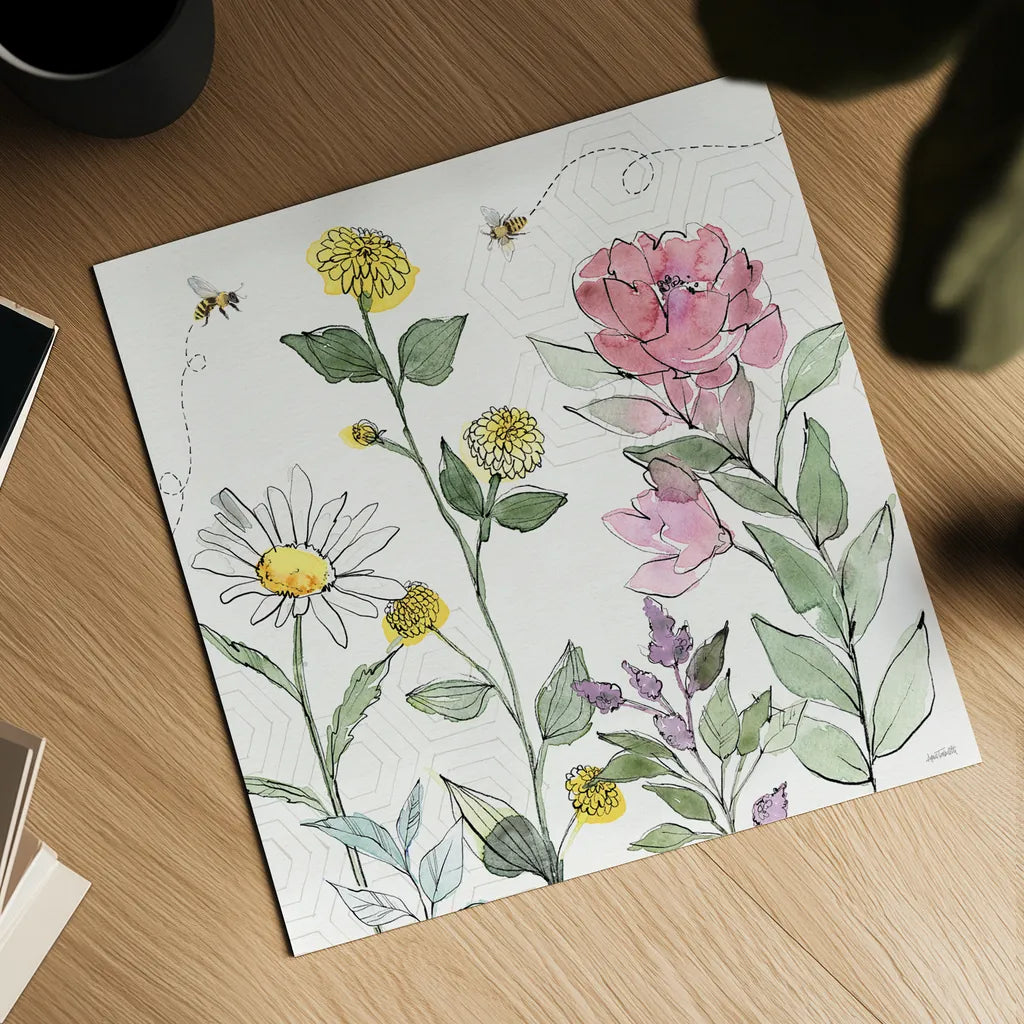 Honeybee Blossoms III by Anne Tavoletti. Shown as a detailed flat fine art print, highlighting archival giclee quality. Available as an archival giclee rolled canvas, fine art paper, or poster print. SKU 72491a.
