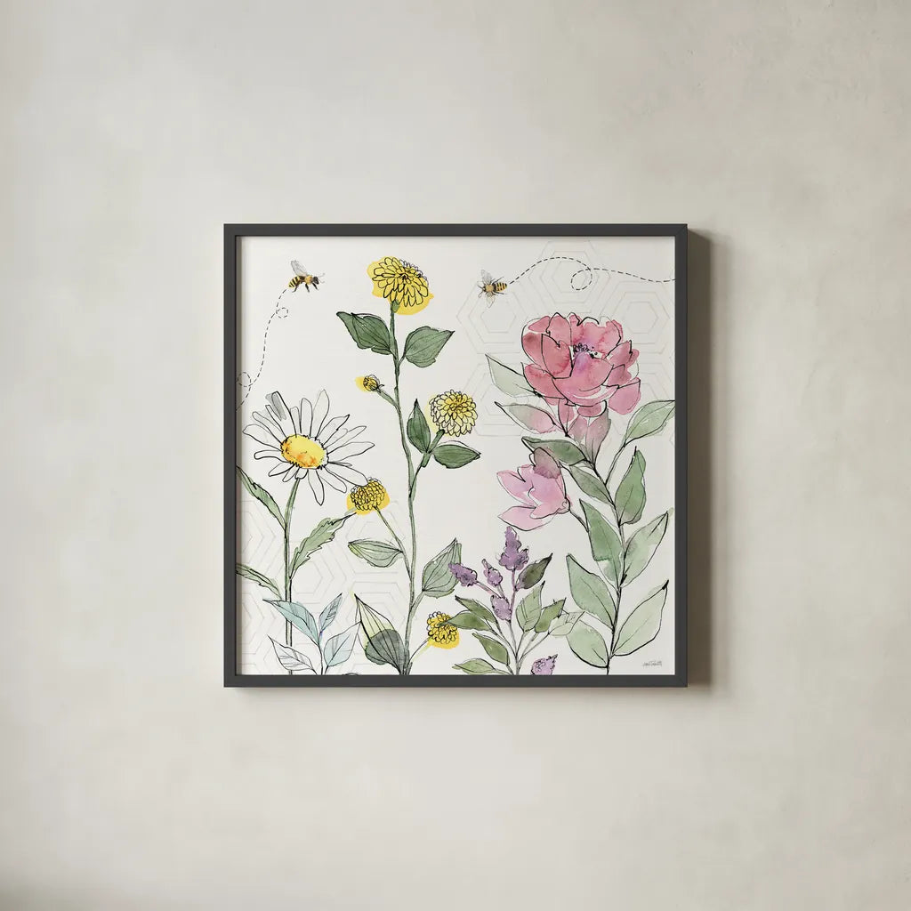 Honeybee Blossoms III by Anne Tavoletti. Shown in a sleek black glass frame for a contemporary gallery look. Available as an archival giclee rolled canvas, fine art paper, or poster print. SKU 72491a.