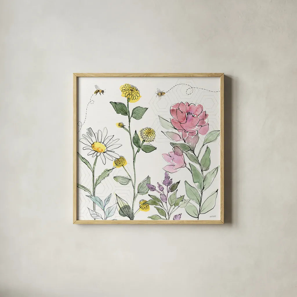 Honeybee Blossoms III by Anne Tavoletti. Shown in a natural wood glass frame for a timeless modern aesthetic. Available as an archival giclee rolled canvas, fine art paper, or poster print. SKU 72491a.