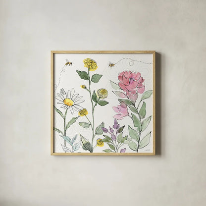 Honeybee Blossoms III by Anne Tavoletti. Shown in a natural wood glass frame for a timeless modern aesthetic. Available as an archival giclee rolled canvas, fine art paper, or poster print. SKU 72491a.