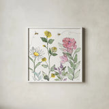 Honeybee Blossoms III by Anne Tavoletti. Shown in a crisp white glass frame for a clean and minimalist style. Available as an archival giclee rolled canvas, fine art paper, or poster print. SKU 72491a.