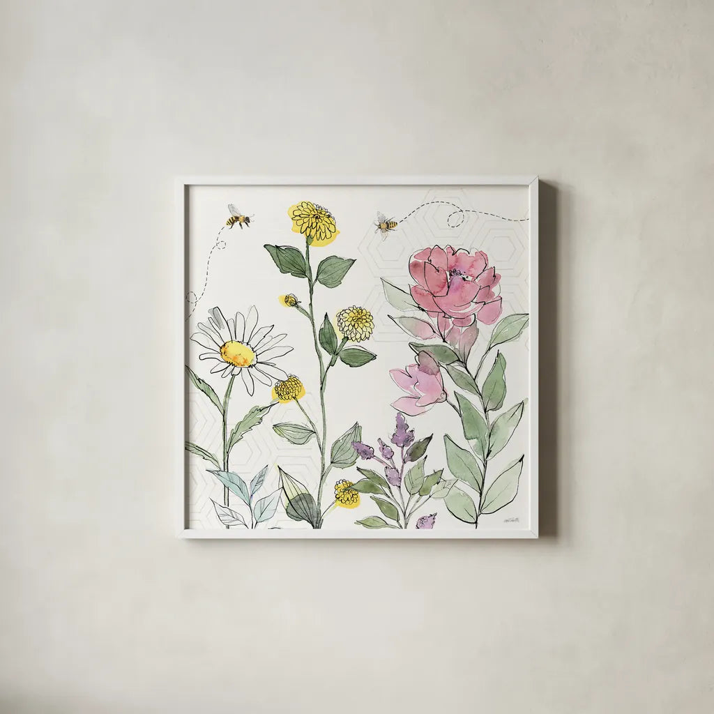 Honeybee Blossoms III by Anne Tavoletti. Shown in a crisp white glass frame for a clean and minimalist style. Available as an archival giclee rolled canvas, fine art paper, or poster print. SKU 72491a.