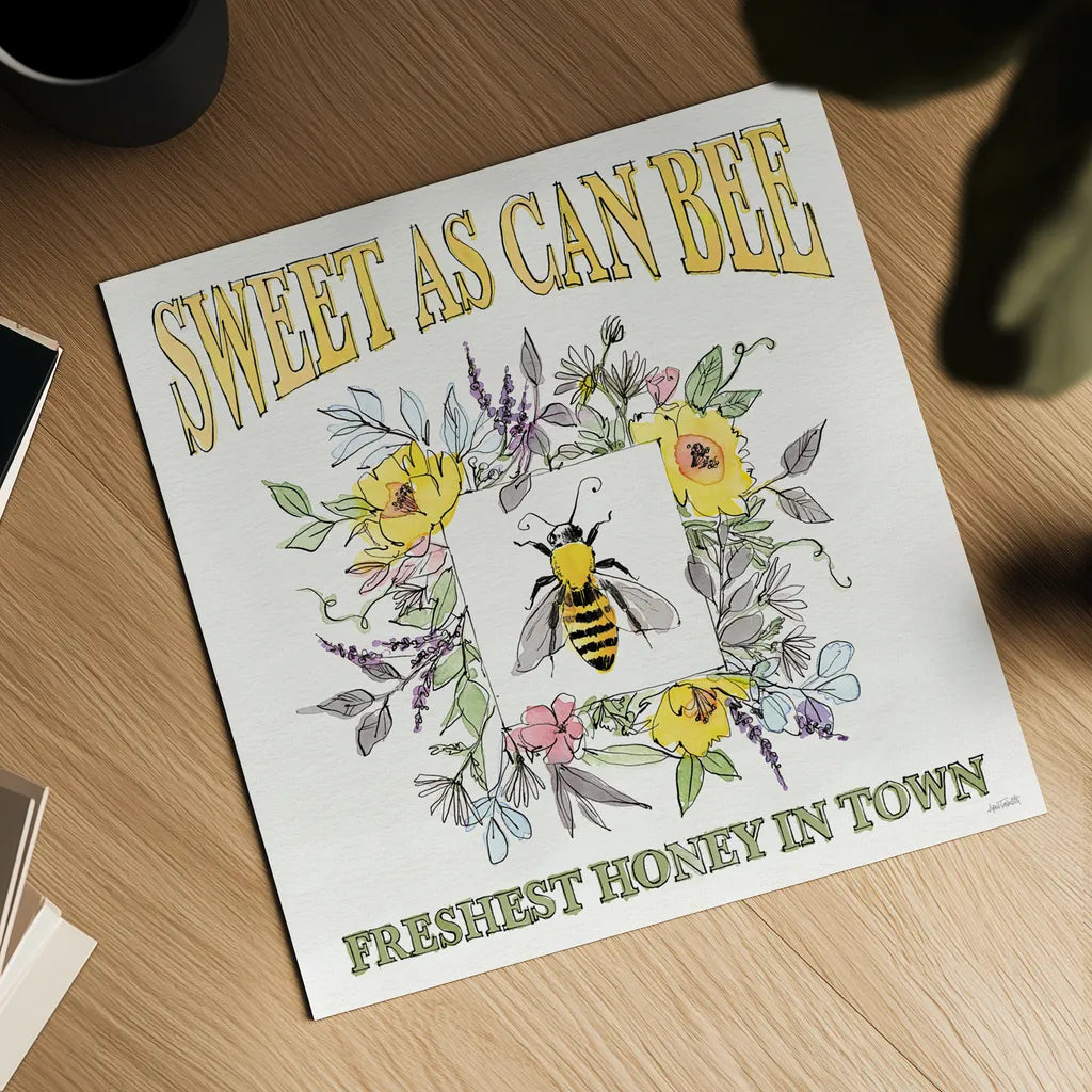 Honeybee Blossoms IV by Anne Tavoletti. Shown as a detailed flat fine art print, highlighting archival giclee quality. Available as an archival giclee rolled canvas, fine art paper, or poster print. SKU 72492a.