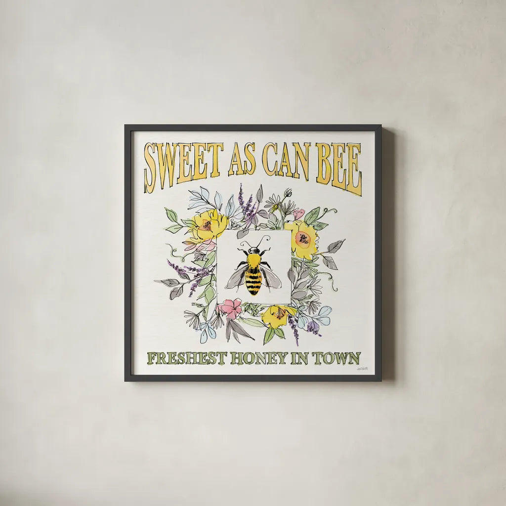 Honeybee Blossoms IV by Anne Tavoletti. Shown in a sleek black glass frame for a contemporary gallery look. Available as an archival giclee rolled canvas, fine art paper, or poster print. SKU 72492a.