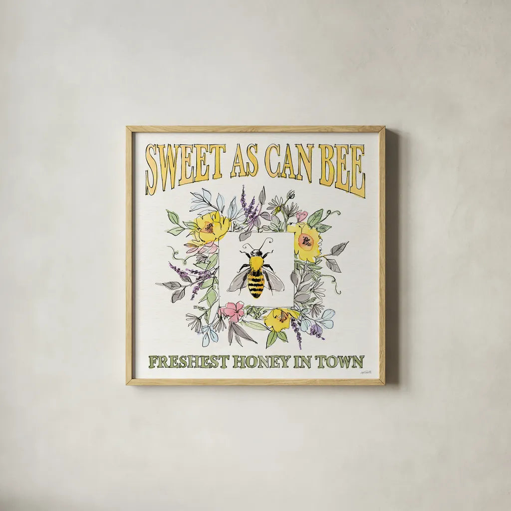 Honeybee Blossoms IV by Anne Tavoletti. Shown in a natural wood glass frame for a timeless modern aesthetic. Available as an archival giclee rolled canvas, fine art paper, or poster print. SKU 72492a.
