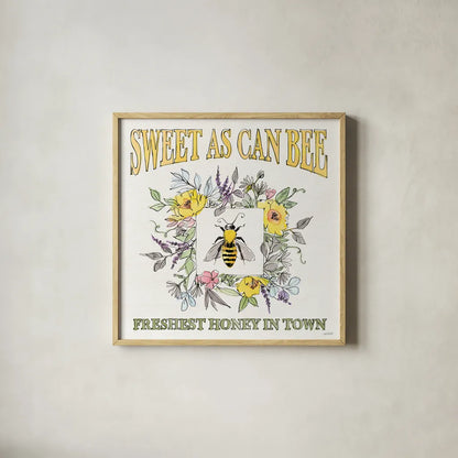 Honeybee Blossoms IV by Anne Tavoletti. Shown in a natural wood glass frame for a timeless modern aesthetic. Available as an archival giclee rolled canvas, fine art paper, or poster print. SKU 72492a.