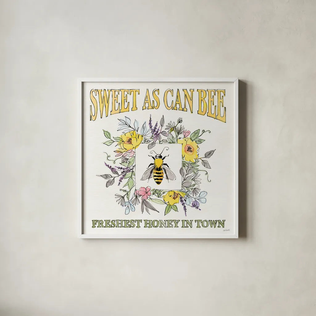 Honeybee Blossoms IV by Anne Tavoletti. Shown in a crisp white glass frame for a clean and minimalist style. Available as an archival giclee rolled canvas, fine art paper, or poster print. SKU 72492a.