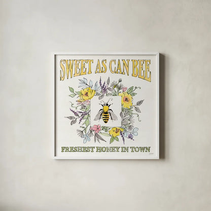 Honeybee Blossoms IV by Anne Tavoletti. Shown in a crisp white glass frame for a clean and minimalist style. Available as an archival giclee rolled canvas, fine art paper, or poster print. SKU 72492a.