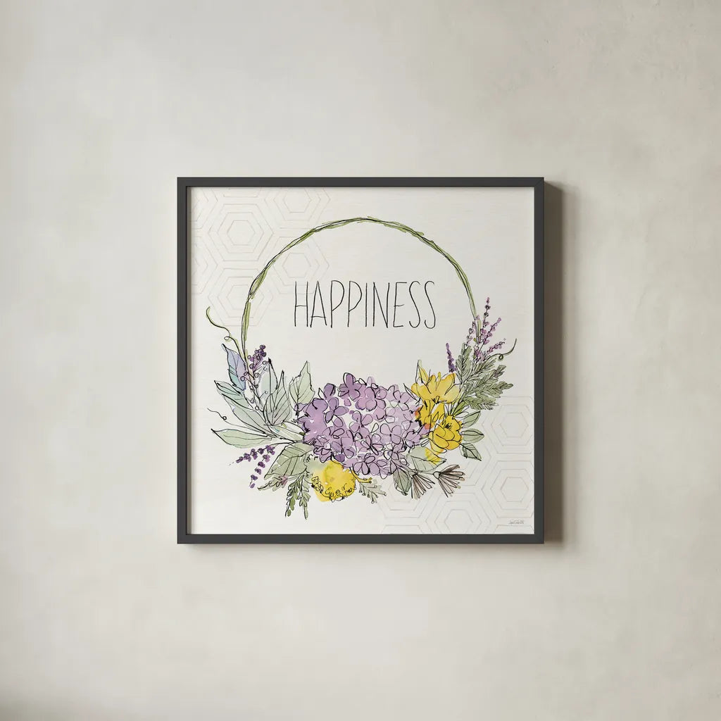 Honeybee Blossoms IX by Anne Tavoletti. Shown in a sleek black glass frame for a contemporary gallery look. Available as an archival giclee rolled canvas, fine art paper, or poster print. SKU 72497a.