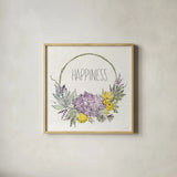 Honeybee Blossoms IX by Anne Tavoletti. Shown in a natural wood glass frame for a timeless modern aesthetic. Available as an archival giclee rolled canvas, fine art paper, or poster print. SKU 72497a.