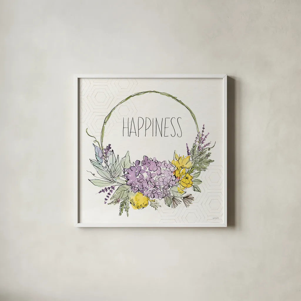 Honeybee Blossoms IX by Anne Tavoletti. Shown in a crisp white glass frame for a clean and minimalist style. Available as an archival giclee rolled canvas, fine art paper, or poster print. SKU 72497a.