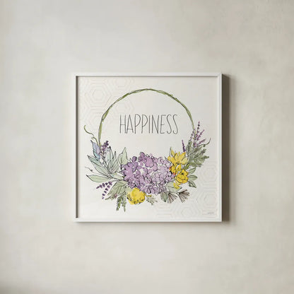 Honeybee Blossoms IX by Anne Tavoletti. Shown in a crisp white glass frame for a clean and minimalist style. Available as an archival giclee rolled canvas, fine art paper, or poster print. SKU 72497a.