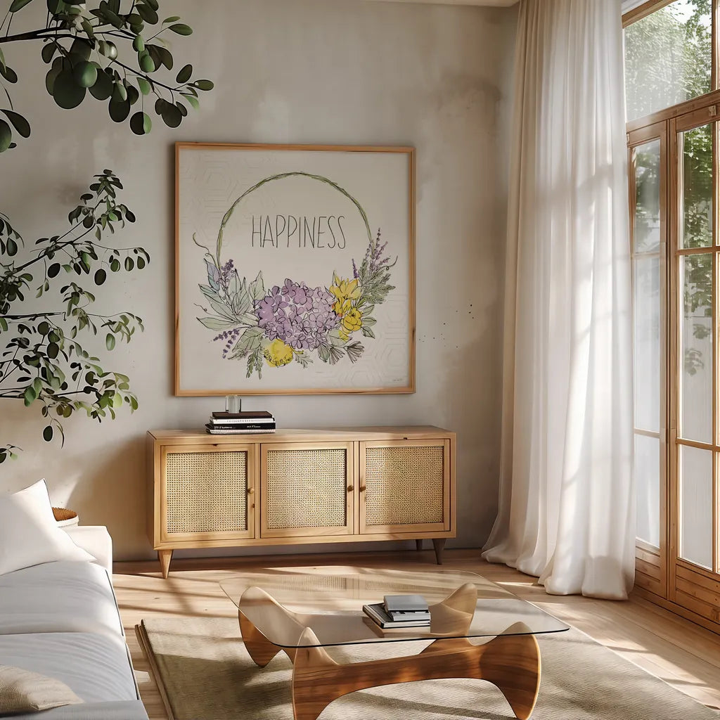 Honeybee Blossoms IX by Anne Tavoletti. Shown in a natural wood frame in a cozy modern living room. Available as an archival giclee rolled canvas, fine art paper, or poster print. SKU 72497a.