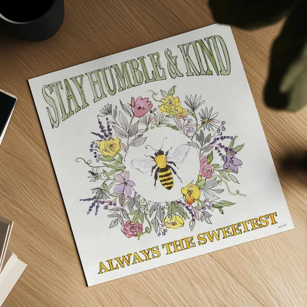 Honeybee Blossoms V by Anne Tavoletti. Shown as a detailed flat fine art print, highlighting archival giclee quality. Available as an archival giclee rolled canvas, fine art paper, or poster print. SKU 72493a.
