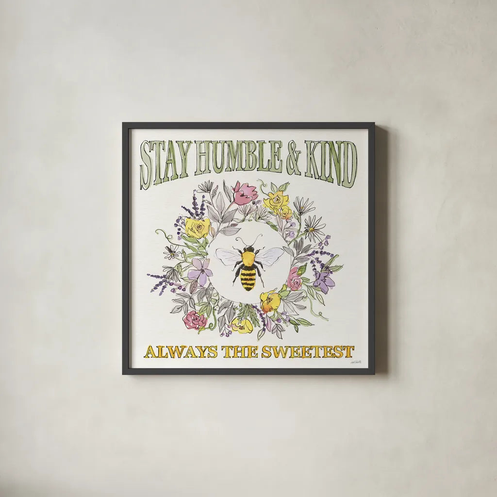 Honeybee Blossoms V by Anne Tavoletti. Shown in a sleek black glass frame for a contemporary gallery look. Available as an archival giclee rolled canvas, fine art paper, or poster print. SKU 72493a.