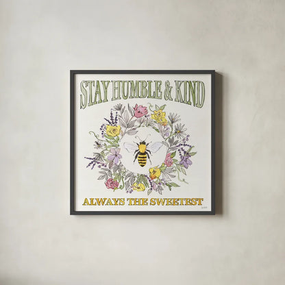 Honeybee Blossoms V by Anne Tavoletti. Shown in a sleek black glass frame for a contemporary gallery look. Available as an archival giclee rolled canvas, fine art paper, or poster print. SKU 72493a.