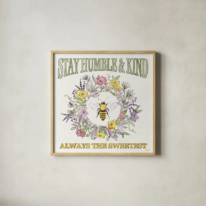 Honeybee Blossoms V by Anne Tavoletti. Shown in a natural wood glass frame for a timeless modern aesthetic. Available as an archival giclee rolled canvas, fine art paper, or poster print. SKU 72493a.