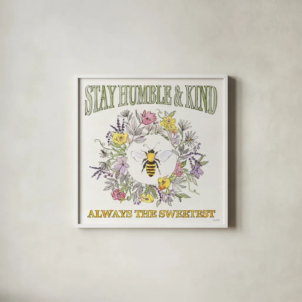 Honeybee Blossoms V by Anne Tavoletti. Shown in a crisp white glass frame for a clean and minimalist style. Available as an archival giclee rolled canvas, fine art paper, or poster print. SKU 72493a.