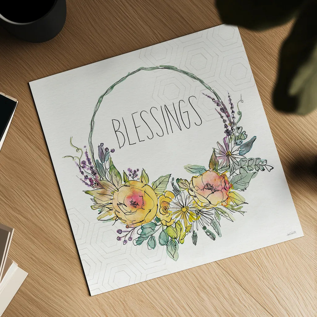 Honeybee Blossoms VIII by Anne Tavoletti. Shown as a detailed flat fine art print, highlighting archival giclee quality. Available as an archival giclee rolled canvas, fine art paper, or poster print. SKU 72496a.