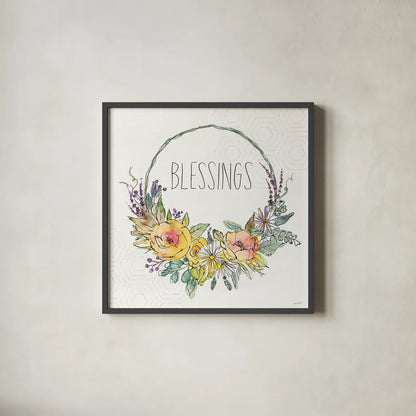 Honeybee Blossoms VIII by Anne Tavoletti. Shown in a sleek black glass frame for a contemporary gallery look. Available as an archival giclee rolled canvas, fine art paper, or poster print. SKU 72496a.