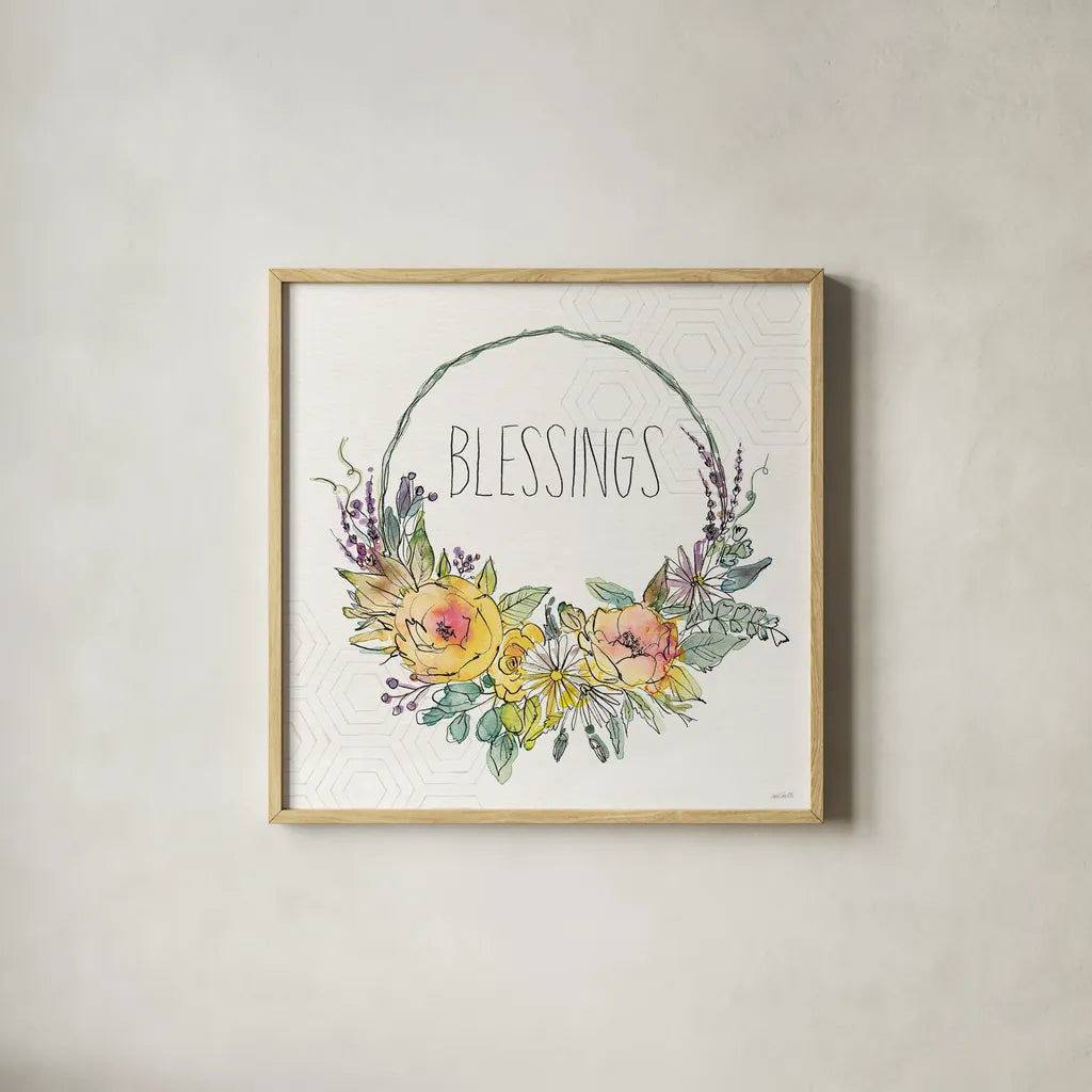 Honeybee Blossoms VIII by Anne Tavoletti. Shown in a natural wood glass frame for a timeless modern aesthetic. Available as an archival giclee rolled canvas, fine art paper, or poster print. SKU 72496a.