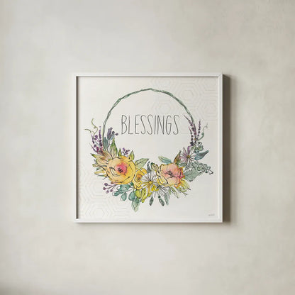 Honeybee Blossoms VIII by Anne Tavoletti. Shown in a crisp white glass frame for a clean and minimalist style. Available as an archival giclee rolled canvas, fine art paper, or poster print. SKU 72496a.