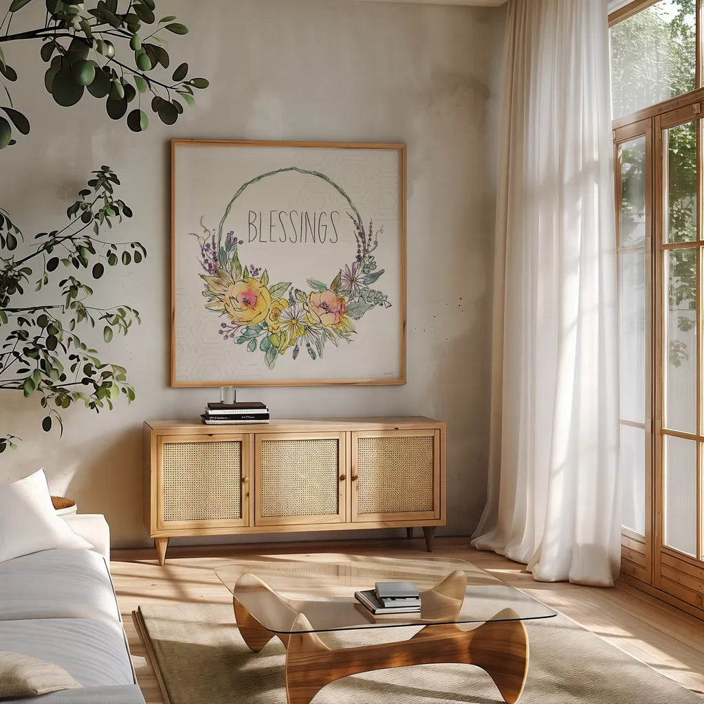 Honeybee Blossoms VIII by Anne Tavoletti. Shown in a natural wood frame in a cozy modern living room. Available as an archival giclee rolled canvas, fine art paper, or poster print. SKU 72496a.