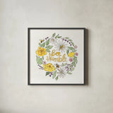 Honeybee Blossoms X by Anne Tavoletti. Shown in a sleek black glass frame for a contemporary gallery look. Available as an archival giclee rolled canvas, fine art paper, or poster print. SKU 72498a.