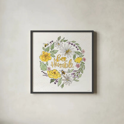 Honeybee Blossoms X by Anne Tavoletti. Shown in a sleek black glass frame for a contemporary gallery look. Available as an archival giclee rolled canvas, fine art paper, or poster print. SKU 72498a.