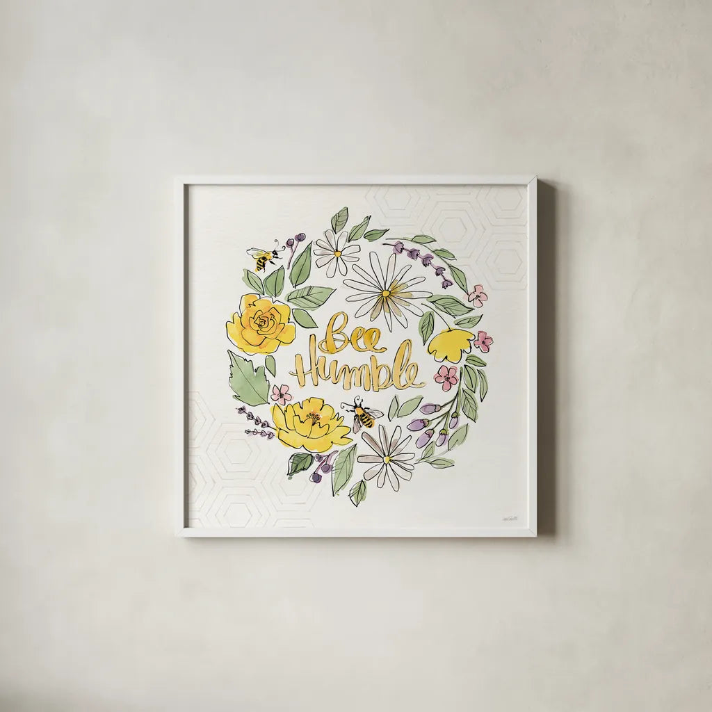 Honeybee Blossoms X by Anne Tavoletti. Shown in a crisp white glass frame for a clean and minimalist style. Available as an archival giclee rolled canvas, fine art paper, or poster print. SKU 72498a.