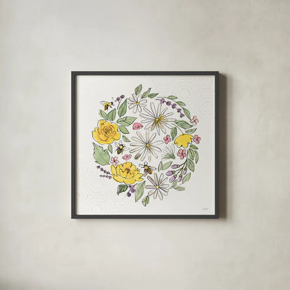 Honeybee Blossoms X No Words by Anne Tavoletti. Shown in a sleek black glass frame for a contemporary gallery look. Available as an archival giclee rolled canvas, fine art paper, or poster print. SKU 76157a.