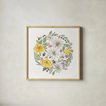 Honeybee Blossoms X No Words by Anne Tavoletti. Shown in a natural wood glass frame for a timeless modern aesthetic. Available as an archival giclee rolled canvas, fine art paper, or poster print. SKU 76157a.