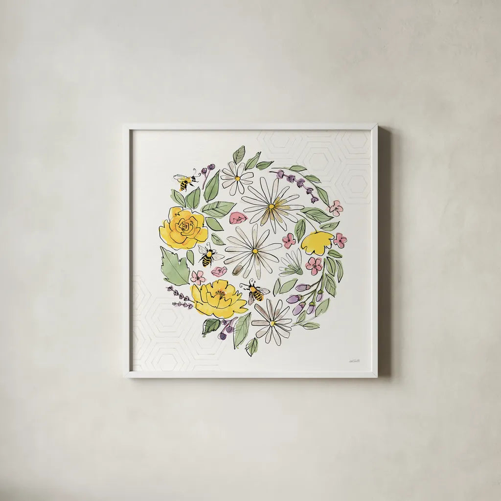 Honeybee Blossoms X No Words by Anne Tavoletti. Shown in a crisp white glass frame for a clean and minimalist style. Available as an archival giclee rolled canvas, fine art paper, or poster print. SKU 76157a.
