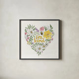 Honeybee Blossoms XI by Anne Tavoletti. Shown in a sleek black glass frame for a contemporary gallery look. Available as an archival giclee rolled canvas, fine art paper, or poster print. SKU 72499a.