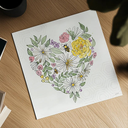 Honeybee Blossoms XI No Words by Anne Tavoletti. Shown as a detailed flat fine art print, highlighting archival giclee quality. Available as an archival giclee rolled canvas, fine art paper, or poster print. SKU 76158a.