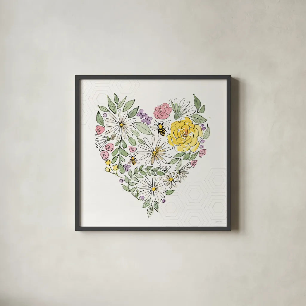 Honeybee Blossoms XI No Words by Anne Tavoletti. Shown in a sleek black glass frame for a contemporary gallery look. Available as an archival giclee rolled canvas, fine art paper, or poster print. SKU 76158a.