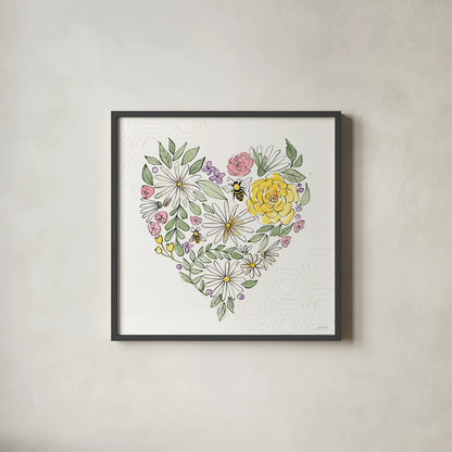 Honeybee Blossoms XI No Words by Anne Tavoletti. Shown in a sleek black glass frame for a contemporary gallery look. Available as an archival giclee rolled canvas, fine art paper, or poster print. SKU 76158a.