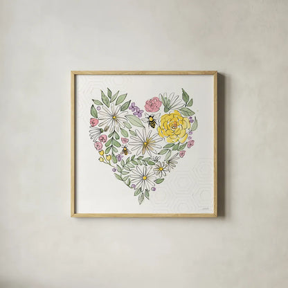 Honeybee Blossoms XI No Words by Anne Tavoletti. Shown in a natural wood glass frame for a timeless modern aesthetic. Available as an archival giclee rolled canvas, fine art paper, or poster print. SKU 76158a.