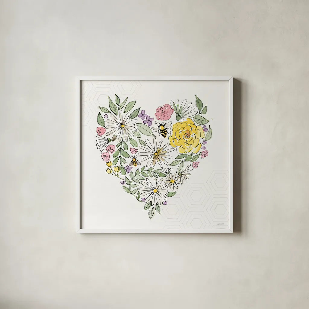 Honeybee Blossoms XI No Words by Anne Tavoletti. Shown in a crisp white glass frame for a clean and minimalist style. Available as an archival giclee rolled canvas, fine art paper, or poster print. SKU 76158a.