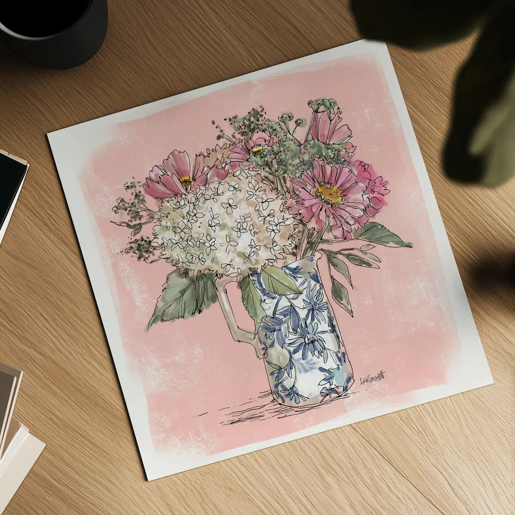 Hydrangea in Pitcher by Anne Tavoletti. Shown as a detailed flat fine art print, highlighting archival giclee quality. Available as an archival giclee rolled canvas, fine art paper, or poster print. SKU 100595a.