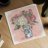 Hydrangea in Pitcher by Anne Tavoletti. Shown as a detailed flat fine art print, highlighting archival giclee quality. Available as an archival giclee rolled canvas, fine art paper, or poster print. SKU 100595a.
