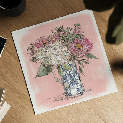 Hydrangea in Pitcher by Anne Tavoletti. Shown as a detailed flat fine art print, highlighting archival giclee quality. Available as an archival giclee rolled canvas, fine art paper, or poster print. SKU 100595a.