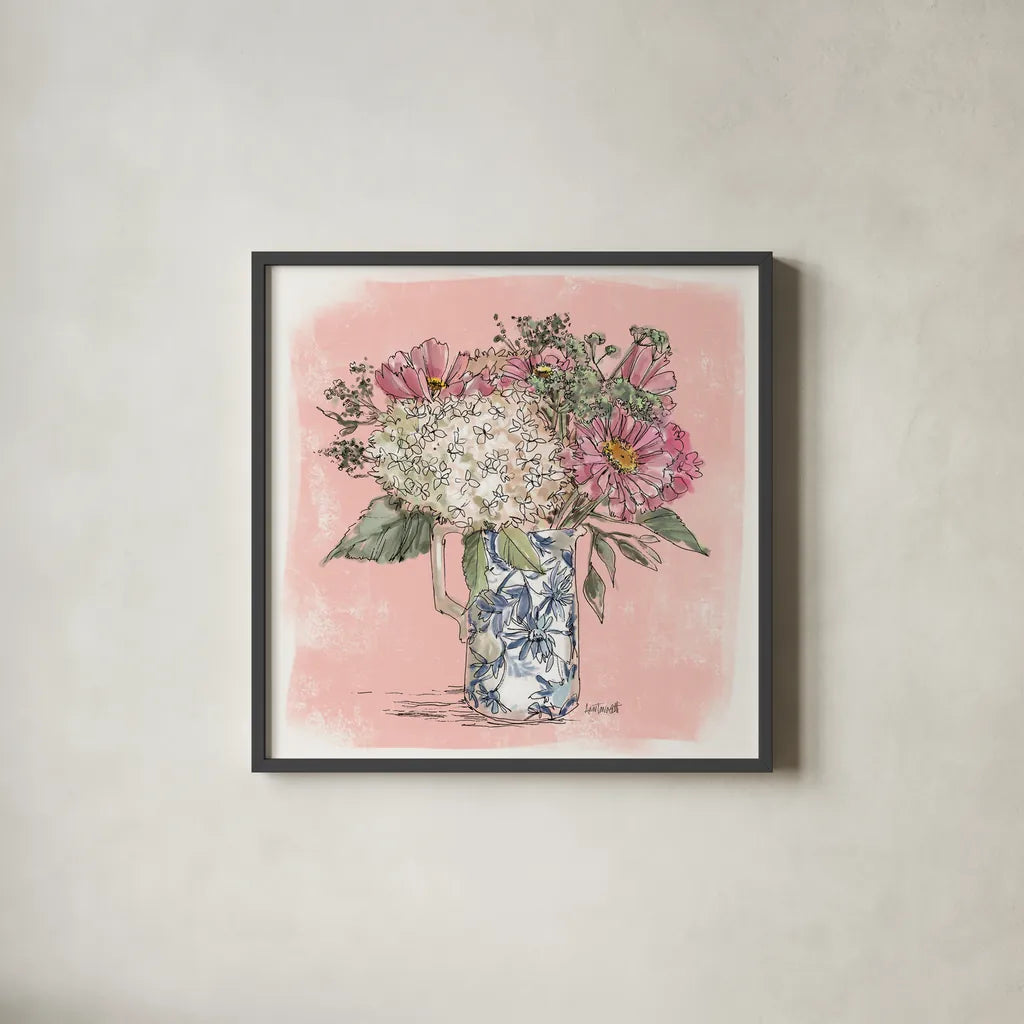 Hydrangea in Pitcher by Anne Tavoletti. Shown in a sleek black glass frame for a contemporary gallery look. Available as an archival giclee rolled canvas, fine art paper, or poster print. SKU 100595a.