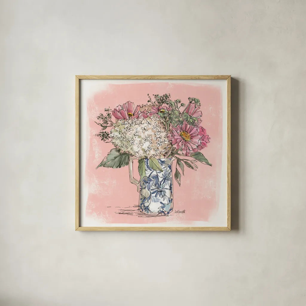 Hydrangea in Pitcher by Anne Tavoletti. Shown in a natural wood glass frame for a timeless modern aesthetic. Available as an archival giclee rolled canvas, fine art paper, or poster print. SKU 100595a.